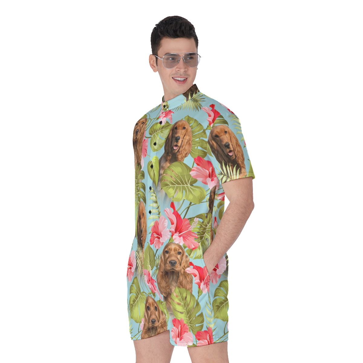Custom Dog Face Blue Hawaiian Romper For Men