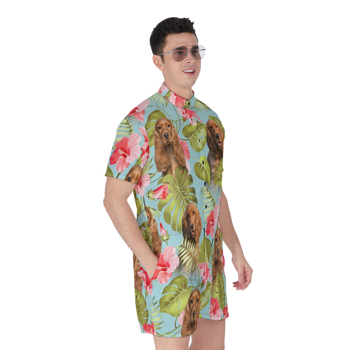 Custom Dog Face Blue Hawaiian Romper For Men