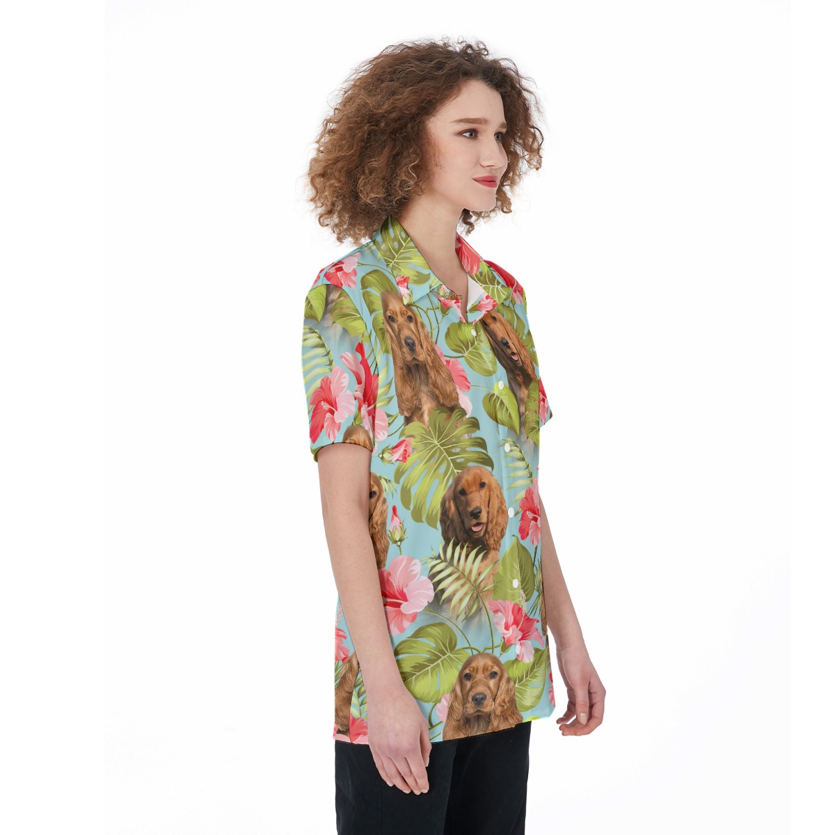 Floral Custom Dog Face Button Up Shirt For Women