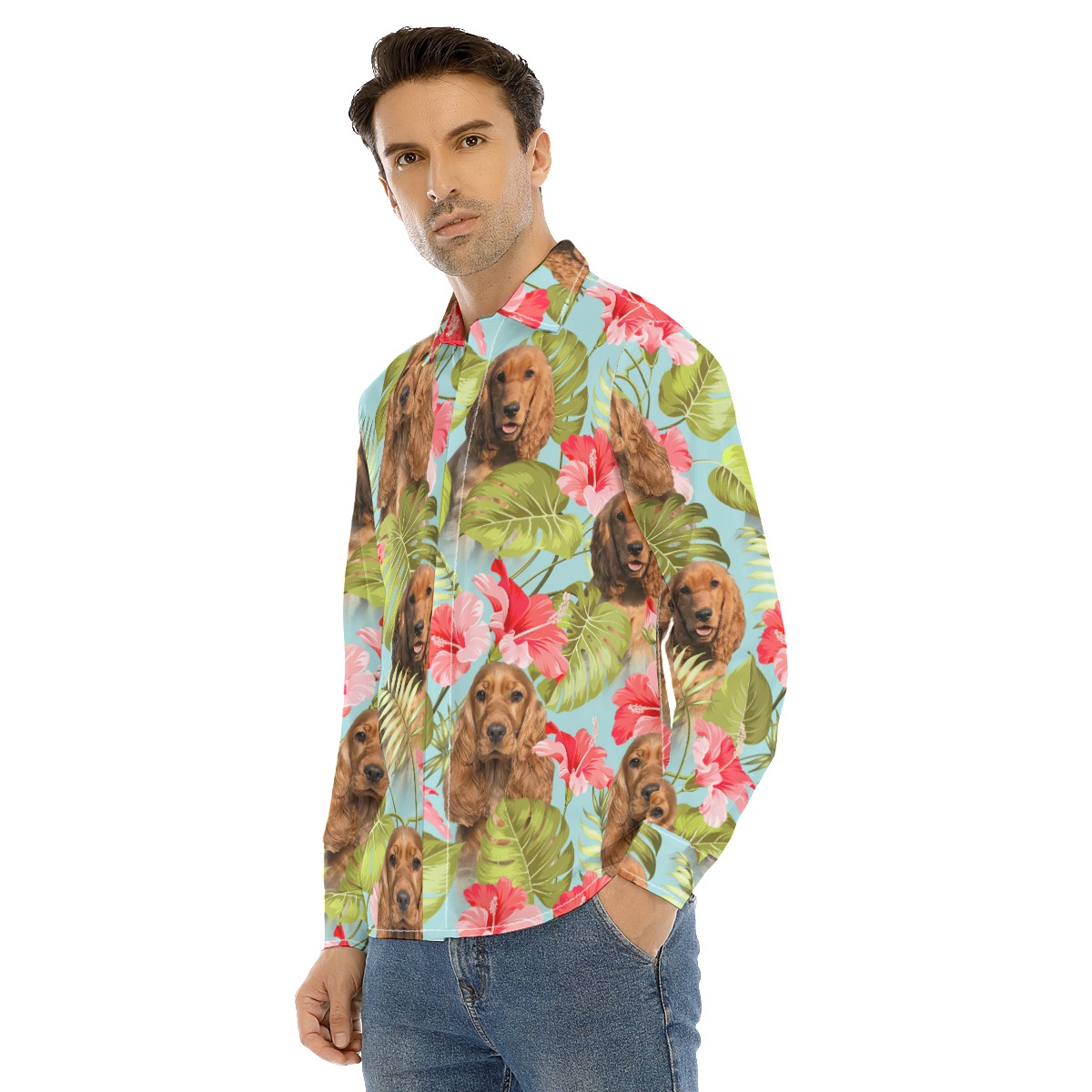 Blue Long Sleeve Hawaiian Shirt With Custom Dog Face