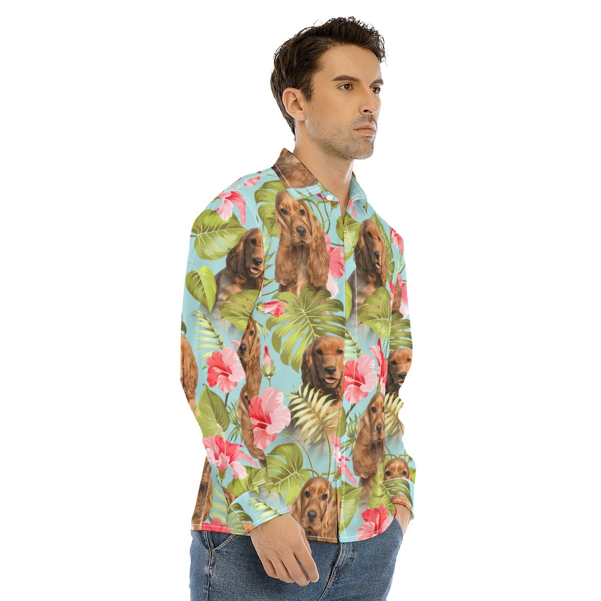 Blue Long Sleeve Hawaiian Shirt With Custom Dog Face
