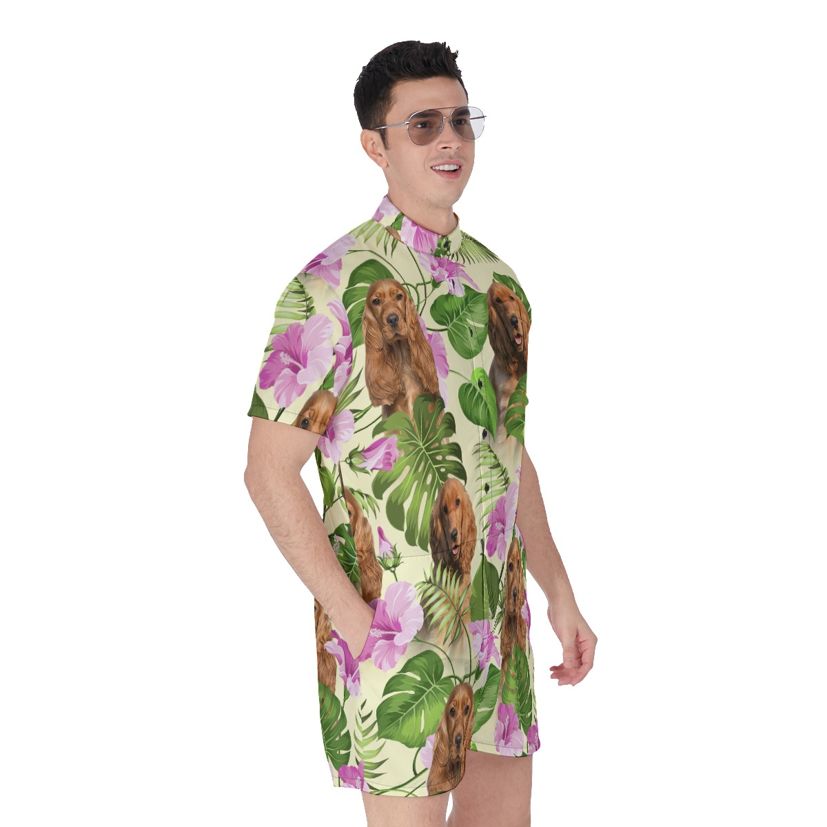Vintage Floral Men's Hawaiian Romper With Custom Dog Face