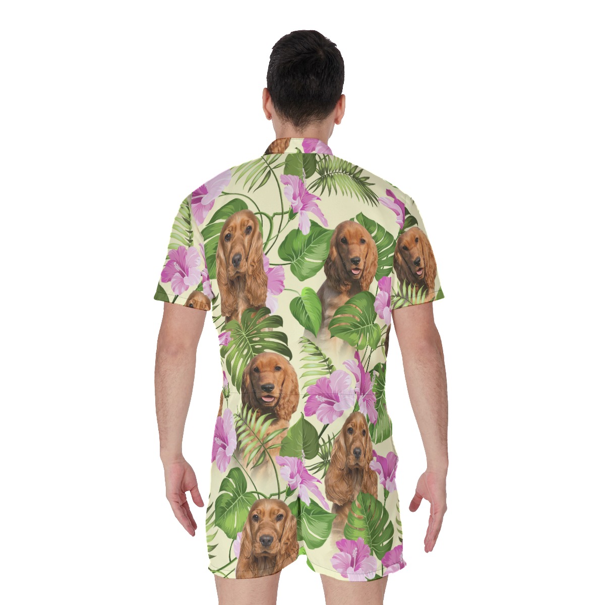 Vintage Floral Men's Hawaiian Romper With Custom Dog Face