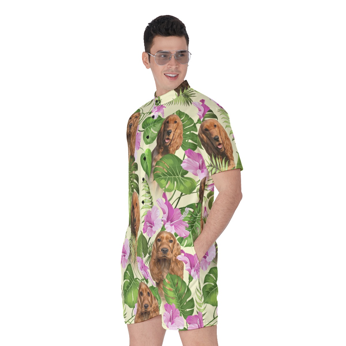 Vintage Floral Men's Hawaiian Romper With Custom Dog Face