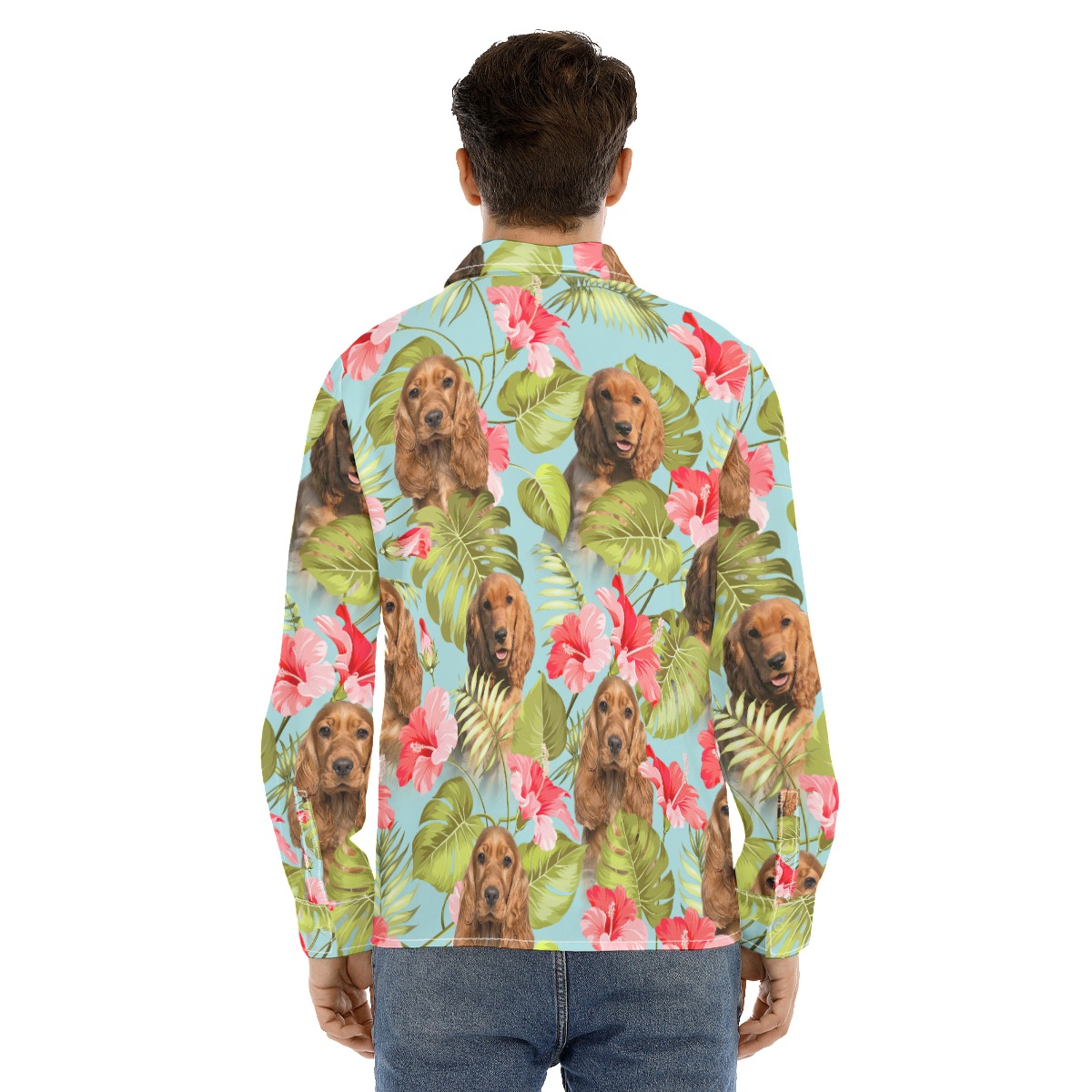 Blue Long Sleeve Hawaiian Shirt With Custom Dog Face