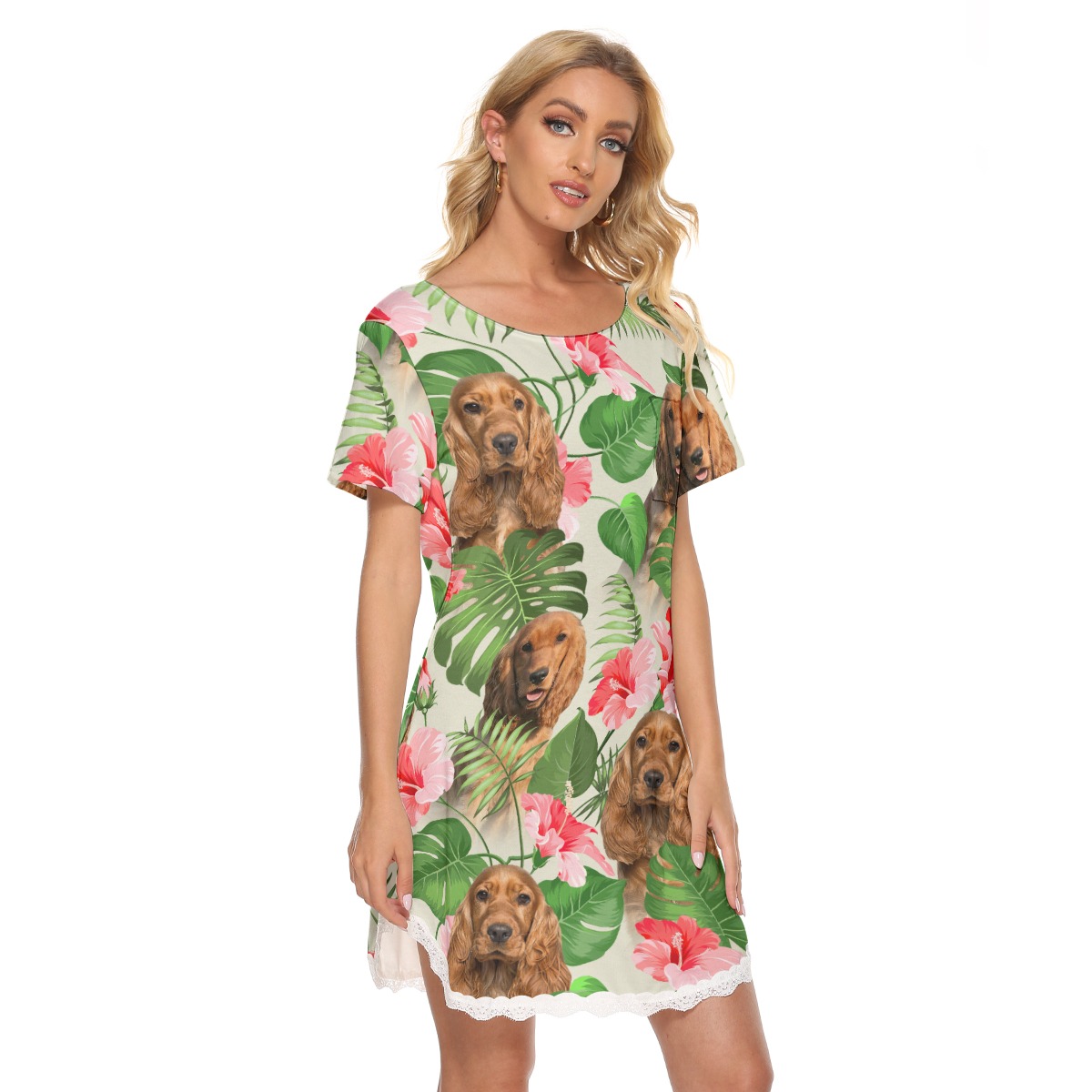 Custom Dog Face Tropical Dress With Lace Edge