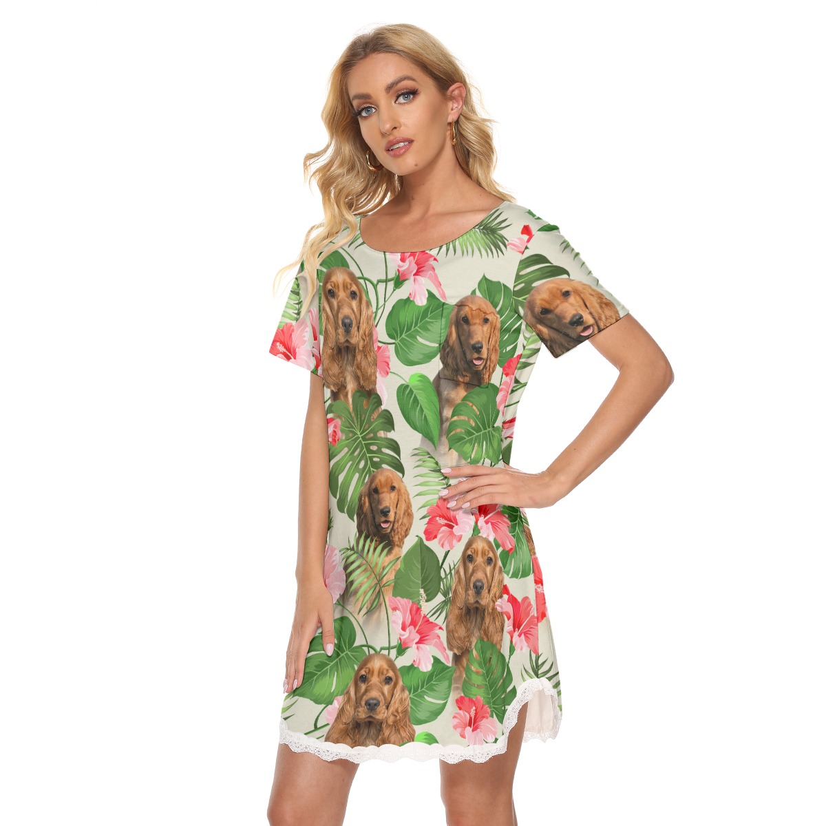 Custom Dog Face Tropical Dress With Lace Edge