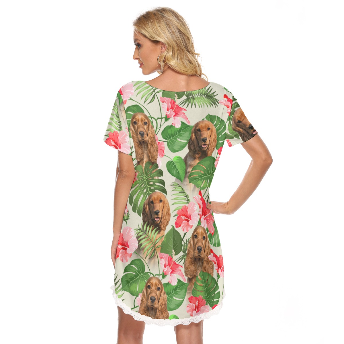 Custom Dog Face Tropical Dress With Lace Edge
