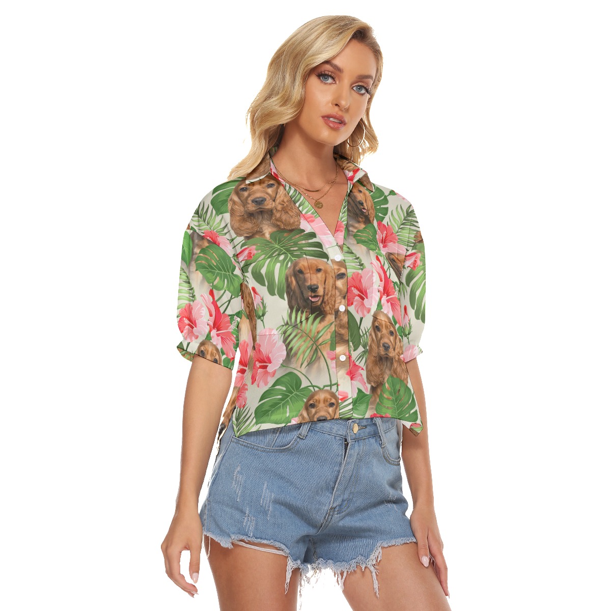 Funny Dog Face Hawaiian Cropped Shirt For Women