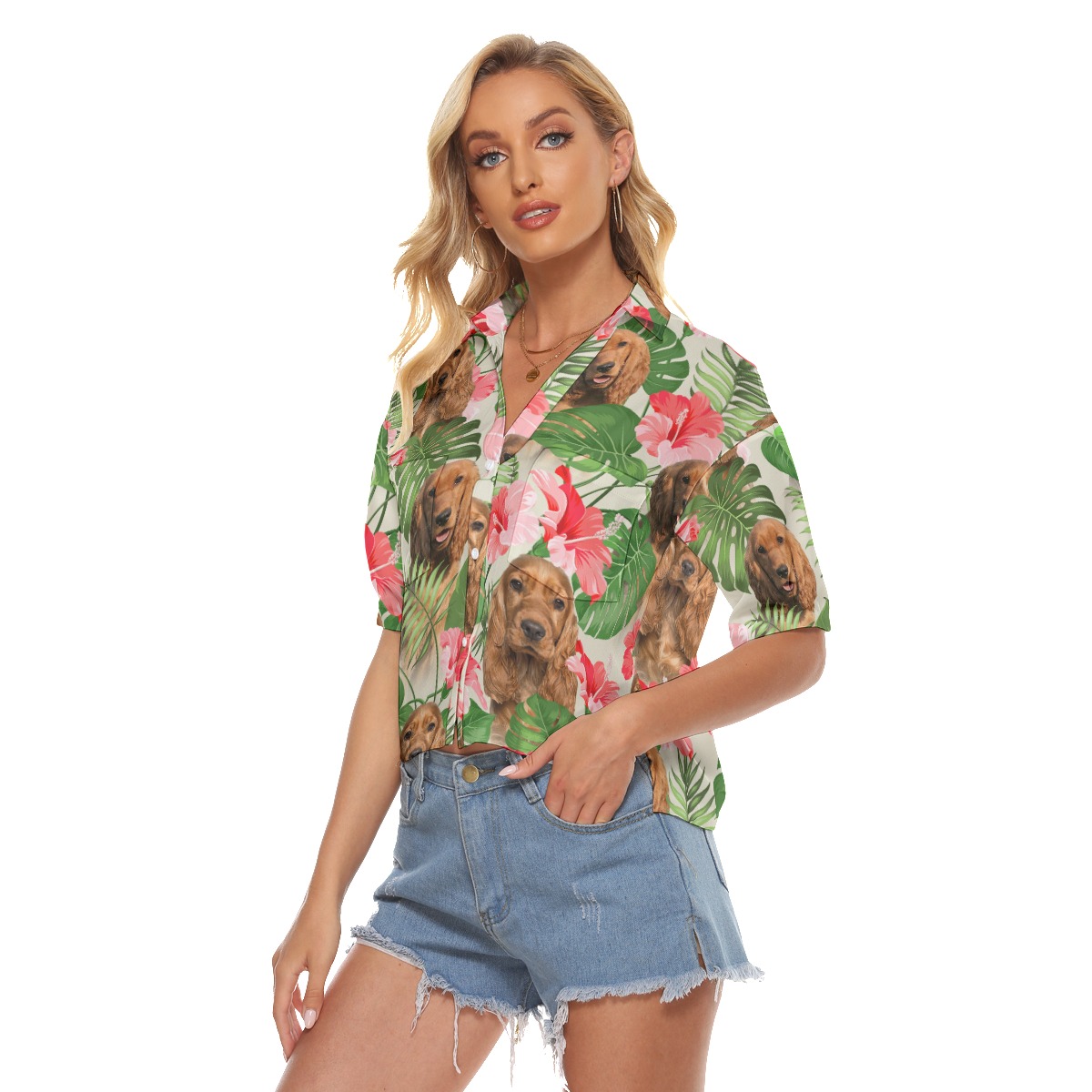 Funny Dog Face Hawaiian Cropped Shirt For Women