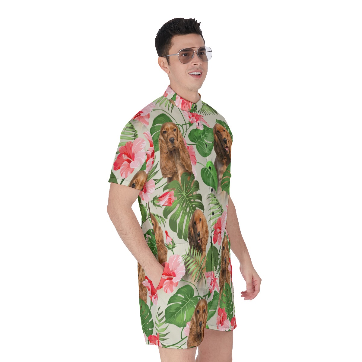 Tropical Floral Men's Hawaiian Romper With Dog Face
