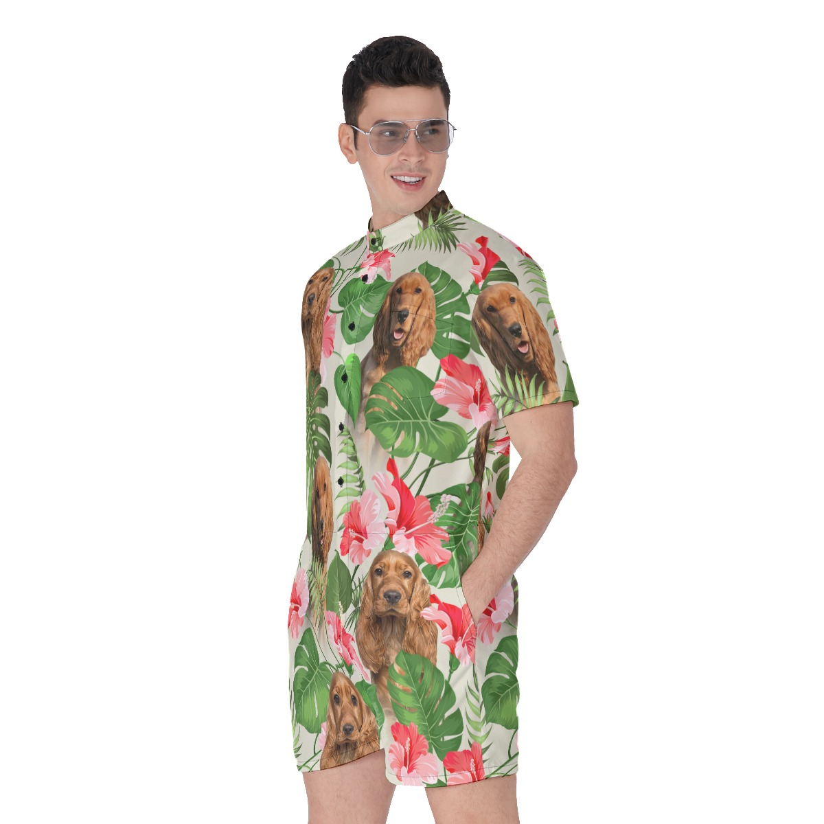 Tropical Floral Men's Hawaiian Romper With Dog Face