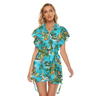 Surfing Dinosaur Tropical Hawaiian Dress With Belt