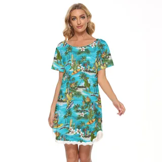 Funny Dinosaur Surfing Hawaiian Dress With Lace For Women