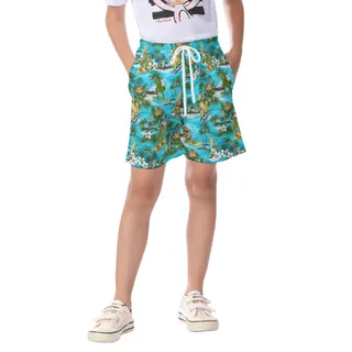 Cute Surfing Dinosaur Blue Summer Beach Shorts For Kids