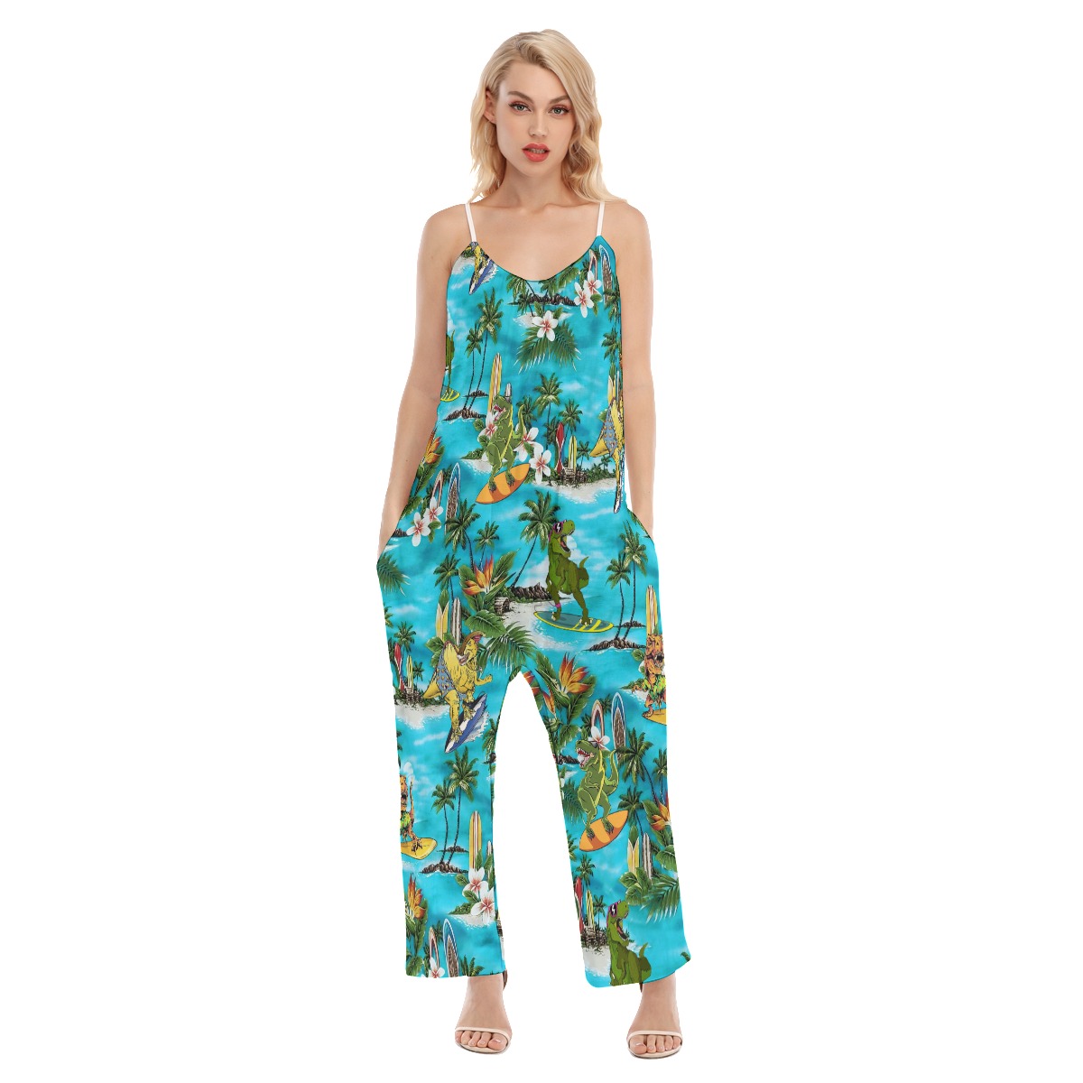 Funny Surfing Dinosaur Hawaiian Loose Cami Jumpsuit For Women - variant image 1