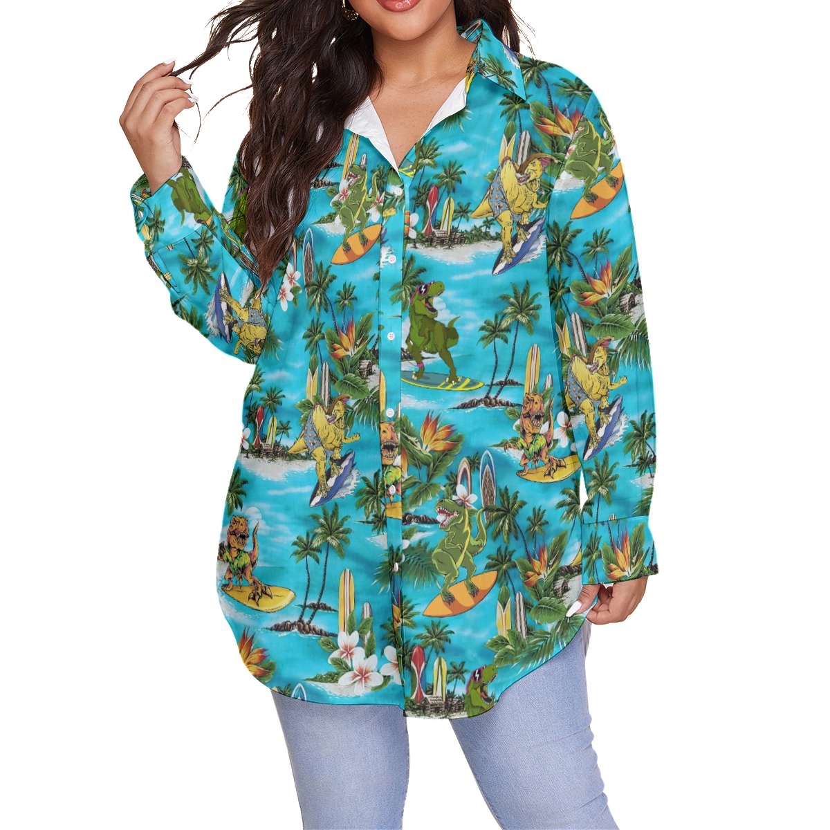 Funny Surfing Dinosaur Hawaiian Blouse Shirt For Women - variant image 1