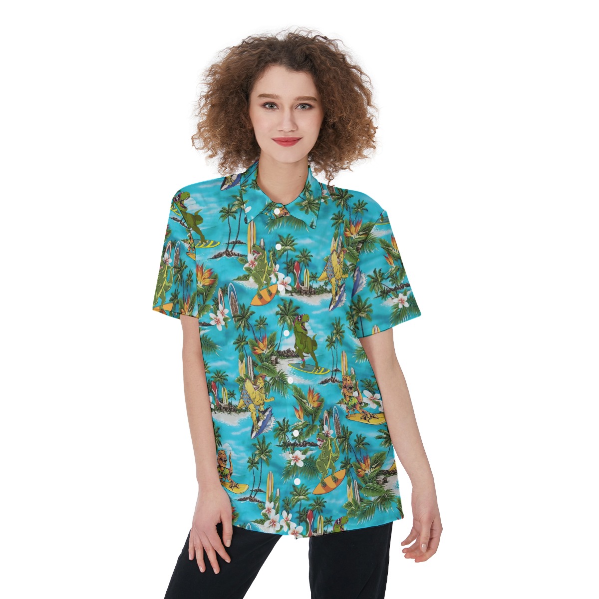 Tropical Surfing Dinosaur Women's Hawaiian Shirt - variant image 1