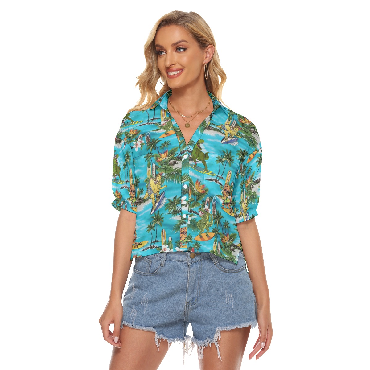 Dinosaur Surfing Tropical Aloha Crop Top Shirt For Women - variant image 1