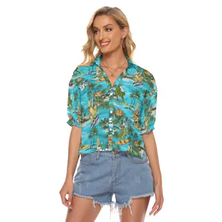 Dinosaur Surfing Tropical Aloha Crop Top Shirt For Women