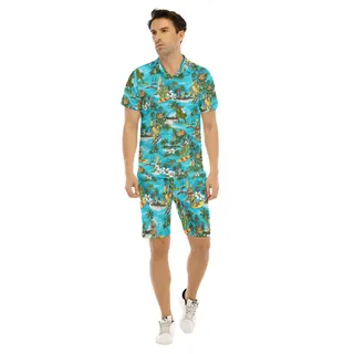 Set Dinosaur Surfing Tropical Hawaiian Shirt And Matching Shorts