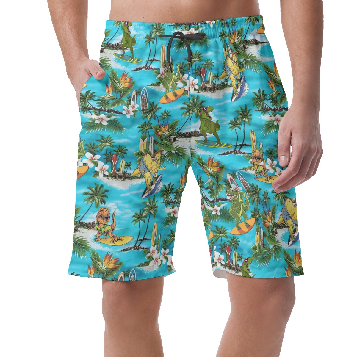 Funny Dinosaur Surfing Hawaiian Summer Beach Shorts For Men - variant image 1