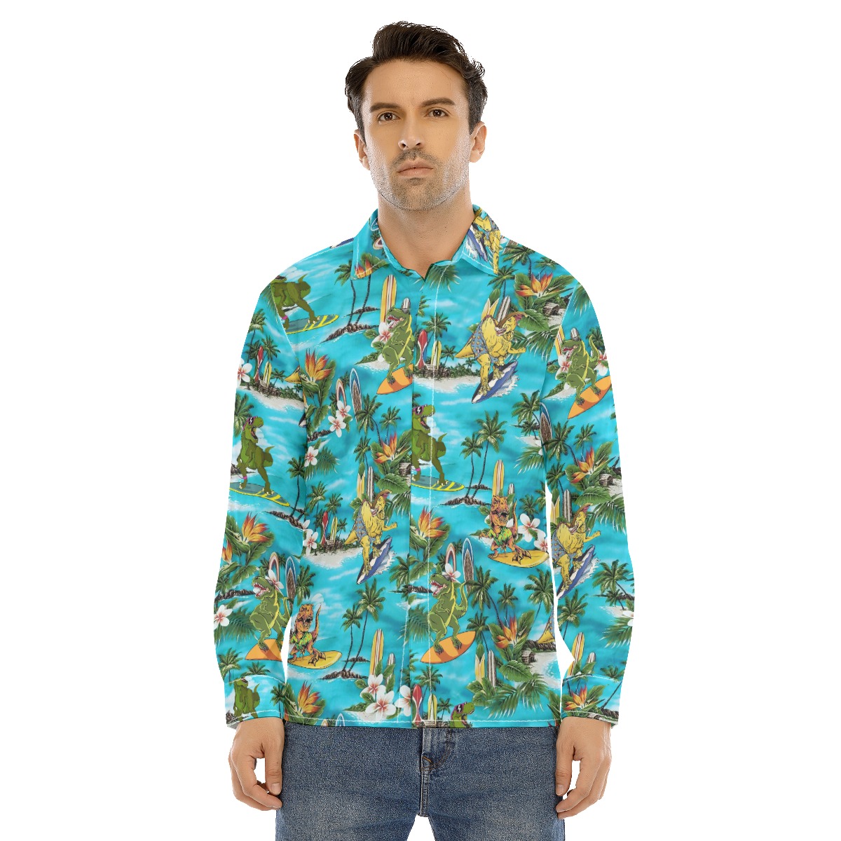 Dinosaur Surfing Tropical Men's Hawaiian Long Sleeve Shirt - variant image 1