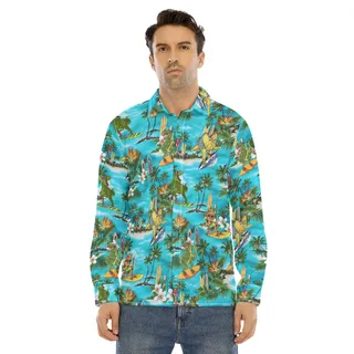 Dinosaur Surfing Tropical Men's Hawaiian Long Sleeve Shirt