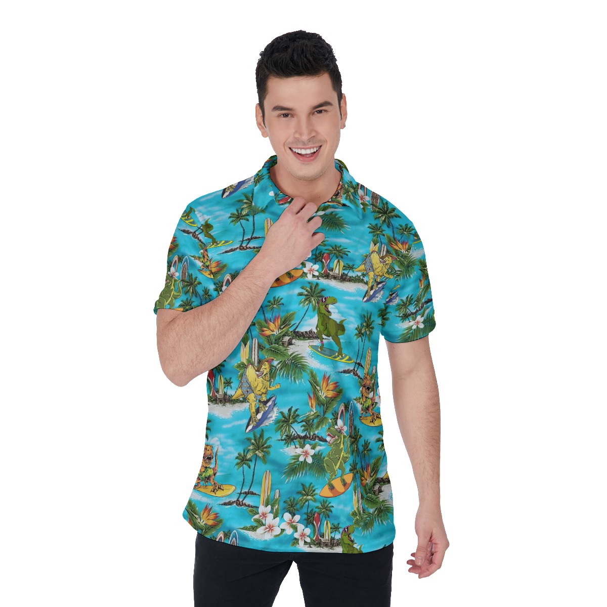 Surfing Dinosaur Blue Hawaiian Polo Shirt For Men - variant image 1