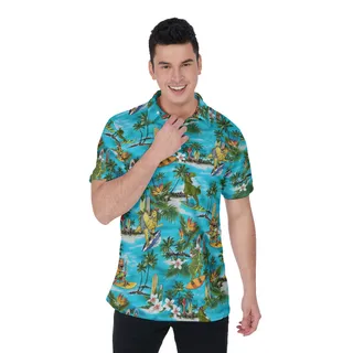 Surfing Dinosaur Blue Hawaiian Polo Shirt For Men