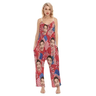Patriotic Custom Face Hawaiian Loose Cami Jumpsuit For Women