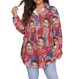 Patriotic Custom Face Hawaiian Plus Size Shirt For Women