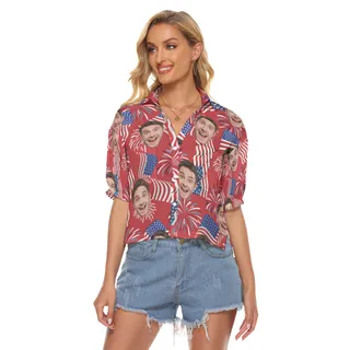 Custom Face With Firework And American Flag Hawaiian Cropped Shirt