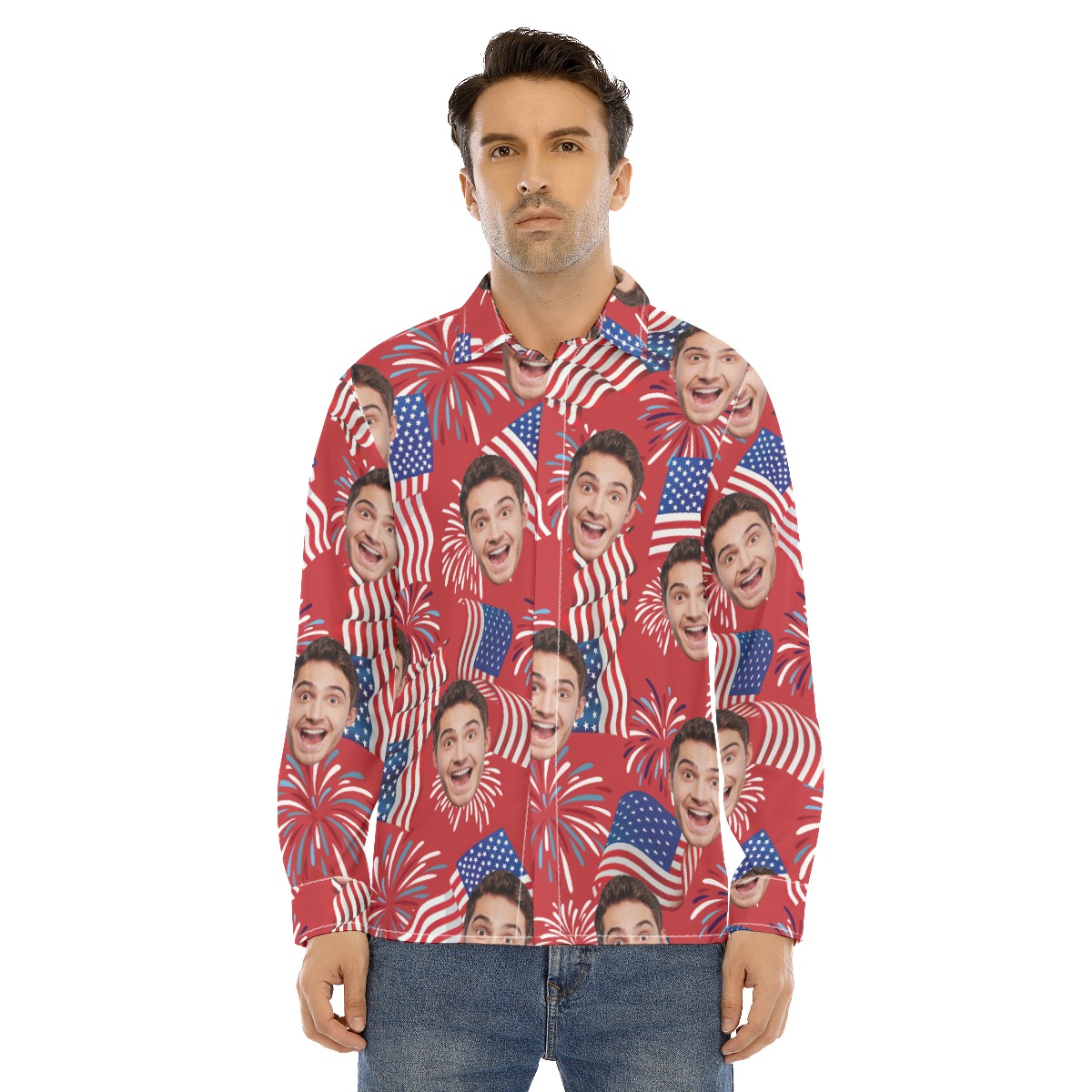 Custom Patriotic Hawaiian Long Sleeve Shirt With Face - variant image 1