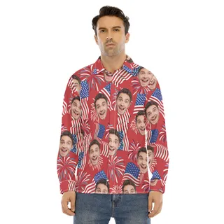 Custom Patriotic Hawaiian Long Sleeve Shirt With Face