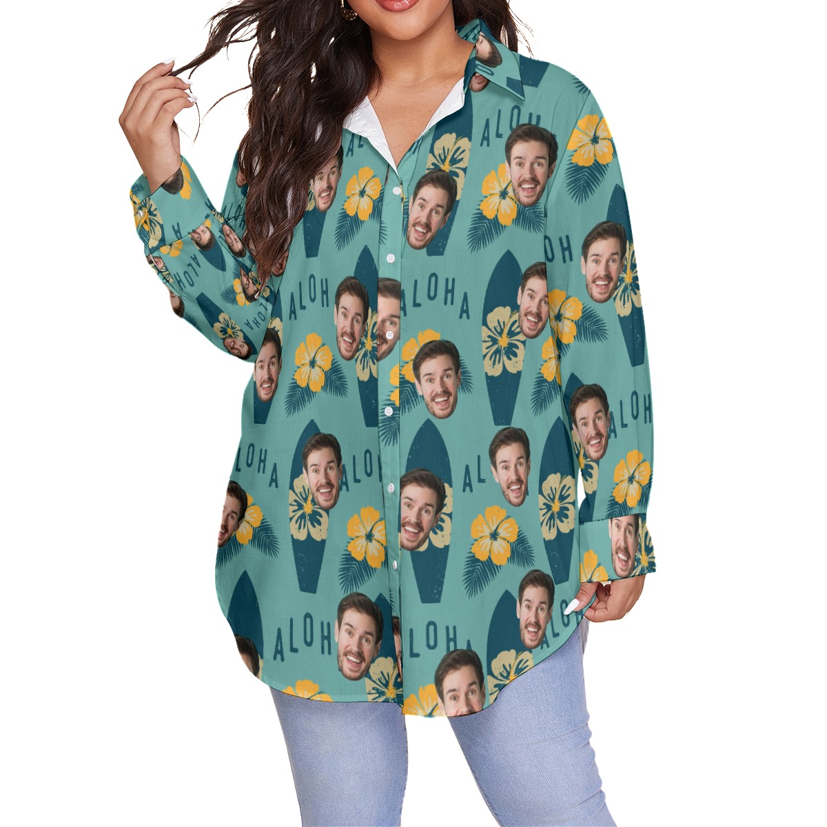 Surfing Aloha Women's Plus Size Hawaiian Shirt With Face - variant image 1