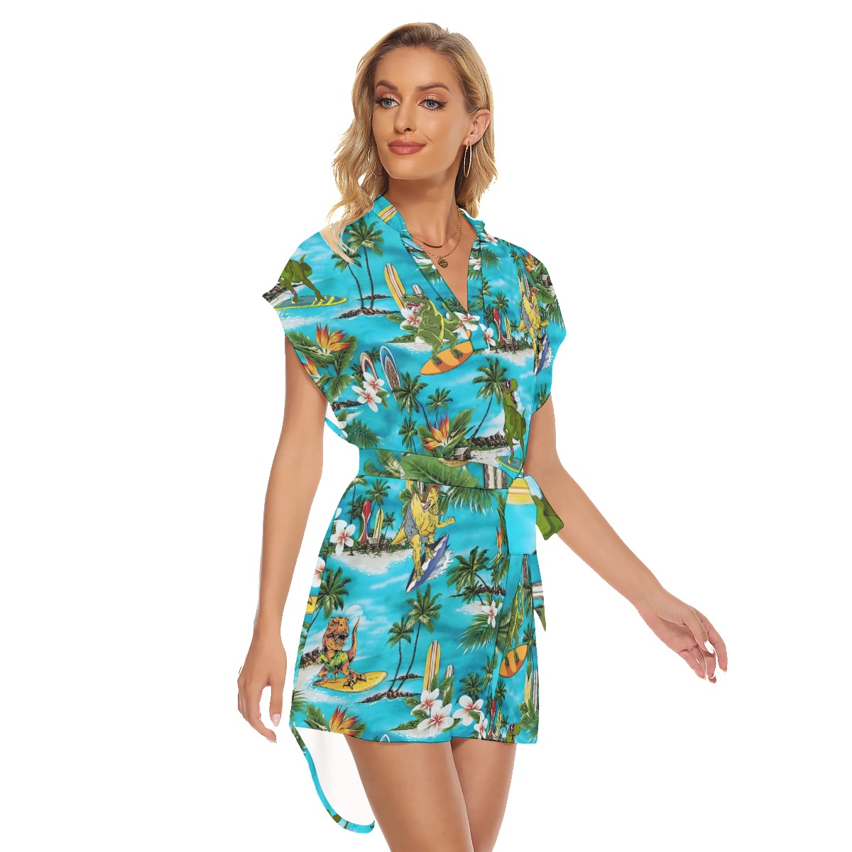 Surfing Dinosaur Tropical Hawaiian Dress With Belt