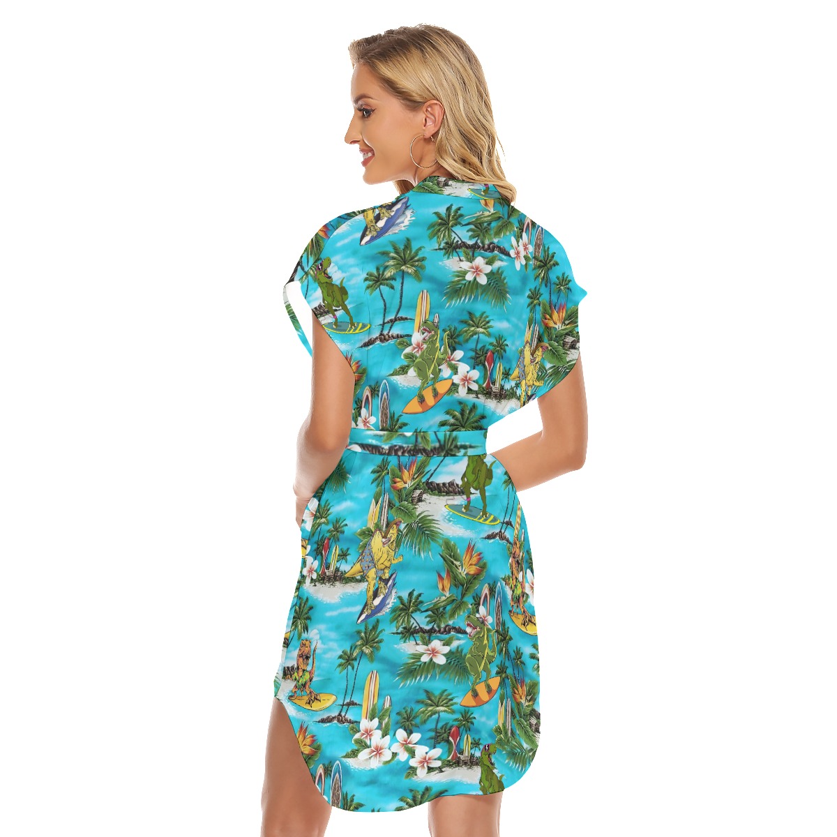 Surfing Dinosaur Tropical Hawaiian Dress With Belt