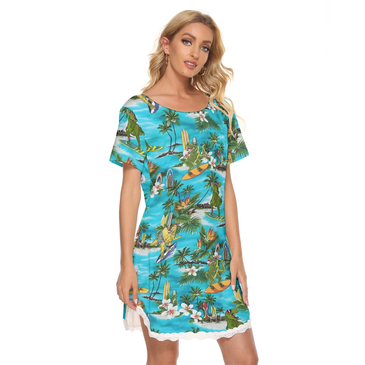 Funny Dinosaur Surfing Hawaiian Dress With Lace For Women