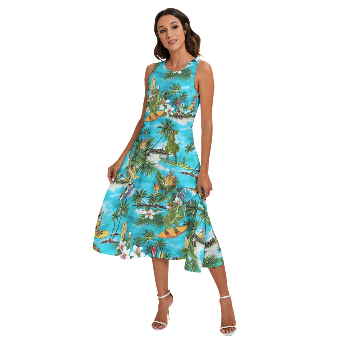 Tropical Dinosaur Surfing Hawaiian Long Dress With Pocket For Women