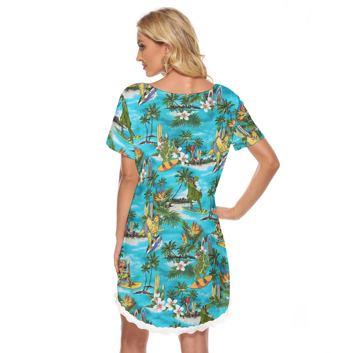 Funny Dinosaur Surfing Hawaiian Dress With Lace For Women