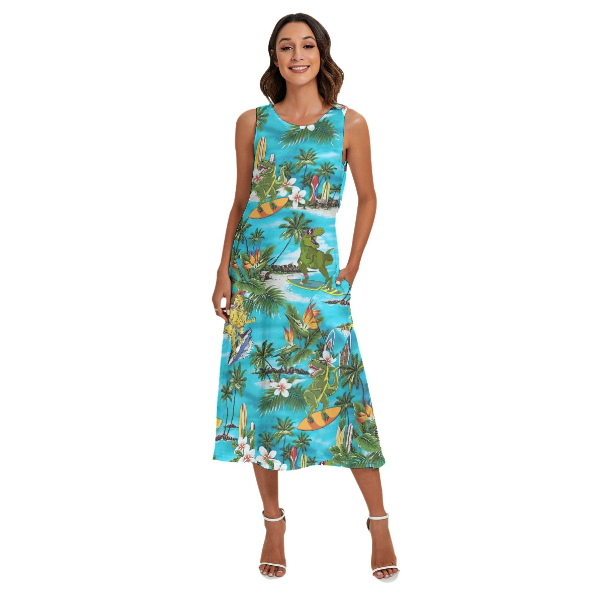 Tropical Dinosaur Surfing Hawaiian Long Dress With Pocket For Women