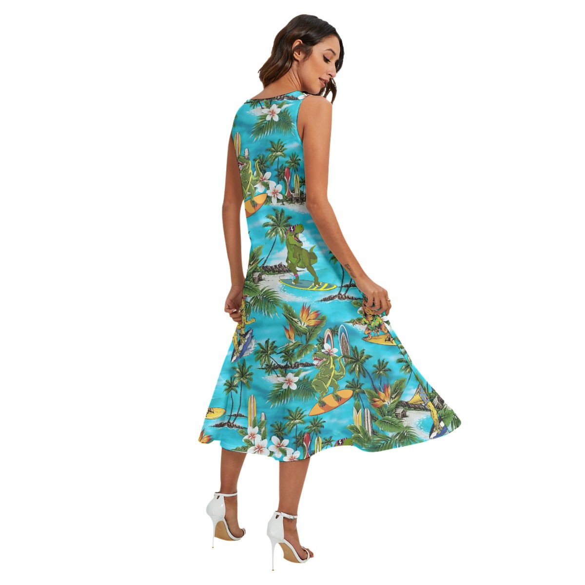Tropical Dinosaur Surfing Hawaiian Long Dress With Pocket For Women