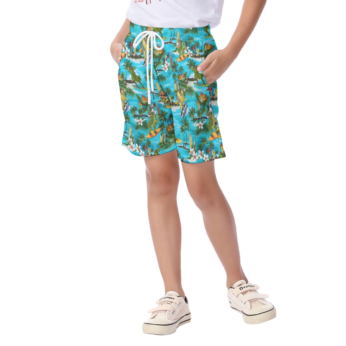 Cute Surfing Dinosaur Blue Summer Beach Shorts For Kids