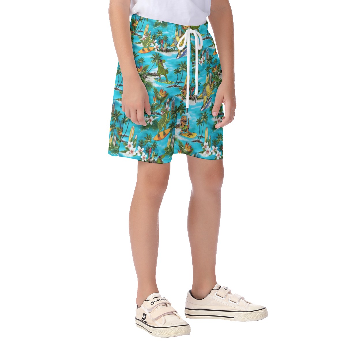 Cute Surfing Dinosaur Blue Summer Beach Shorts For Kids