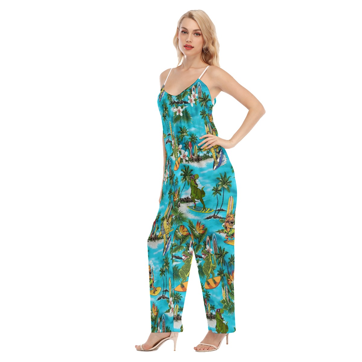 Funny Surfing Dinosaur Hawaiian Loose Cami Jumpsuit For Women