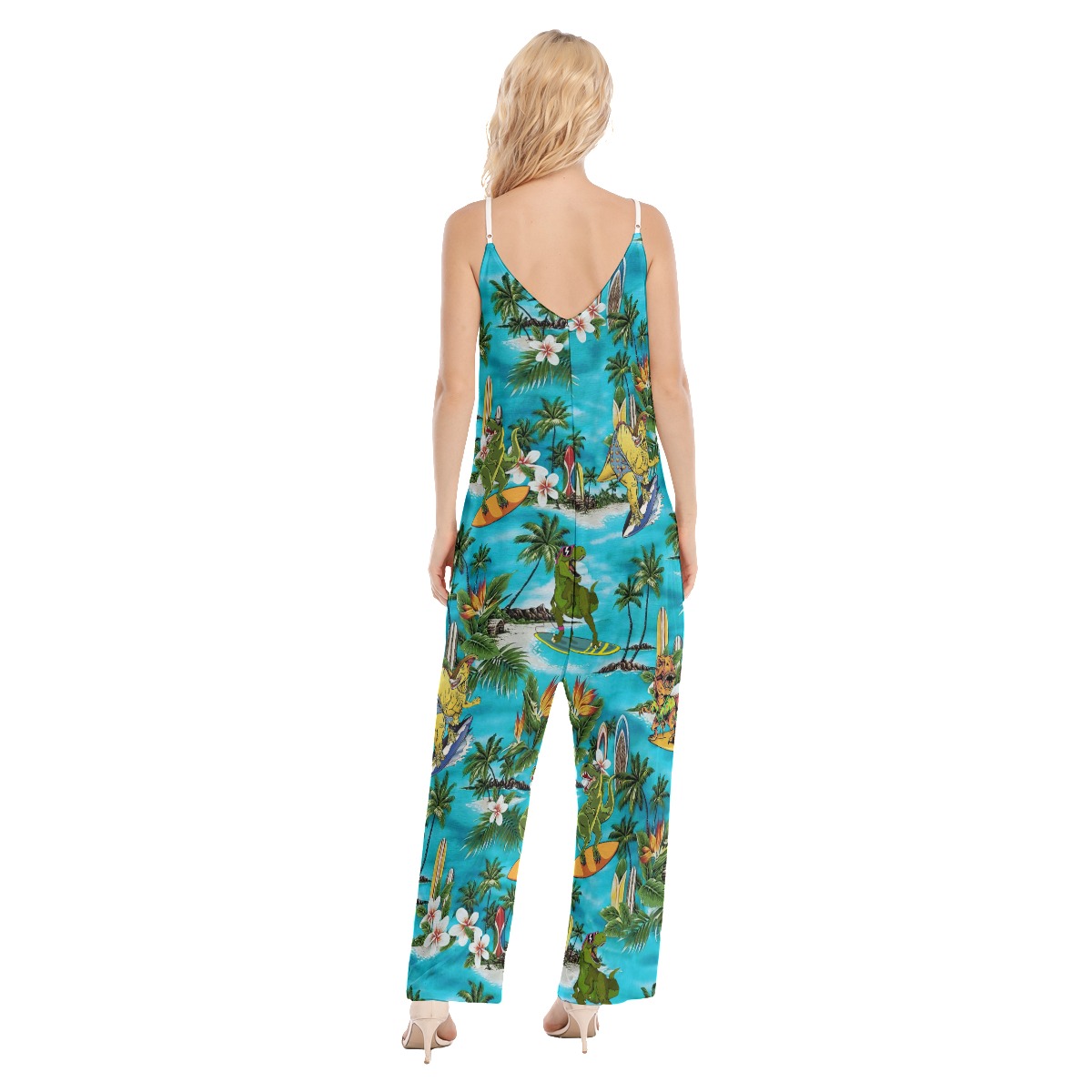 Funny Surfing Dinosaur Hawaiian Loose Cami Jumpsuit For Women