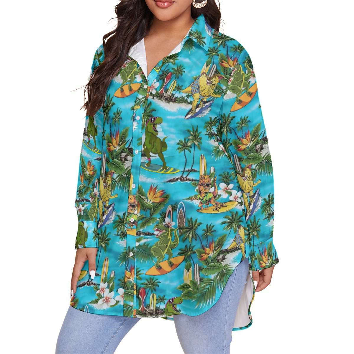 Funny Surfing Dinosaur Hawaiian Blouse Shirt For Women