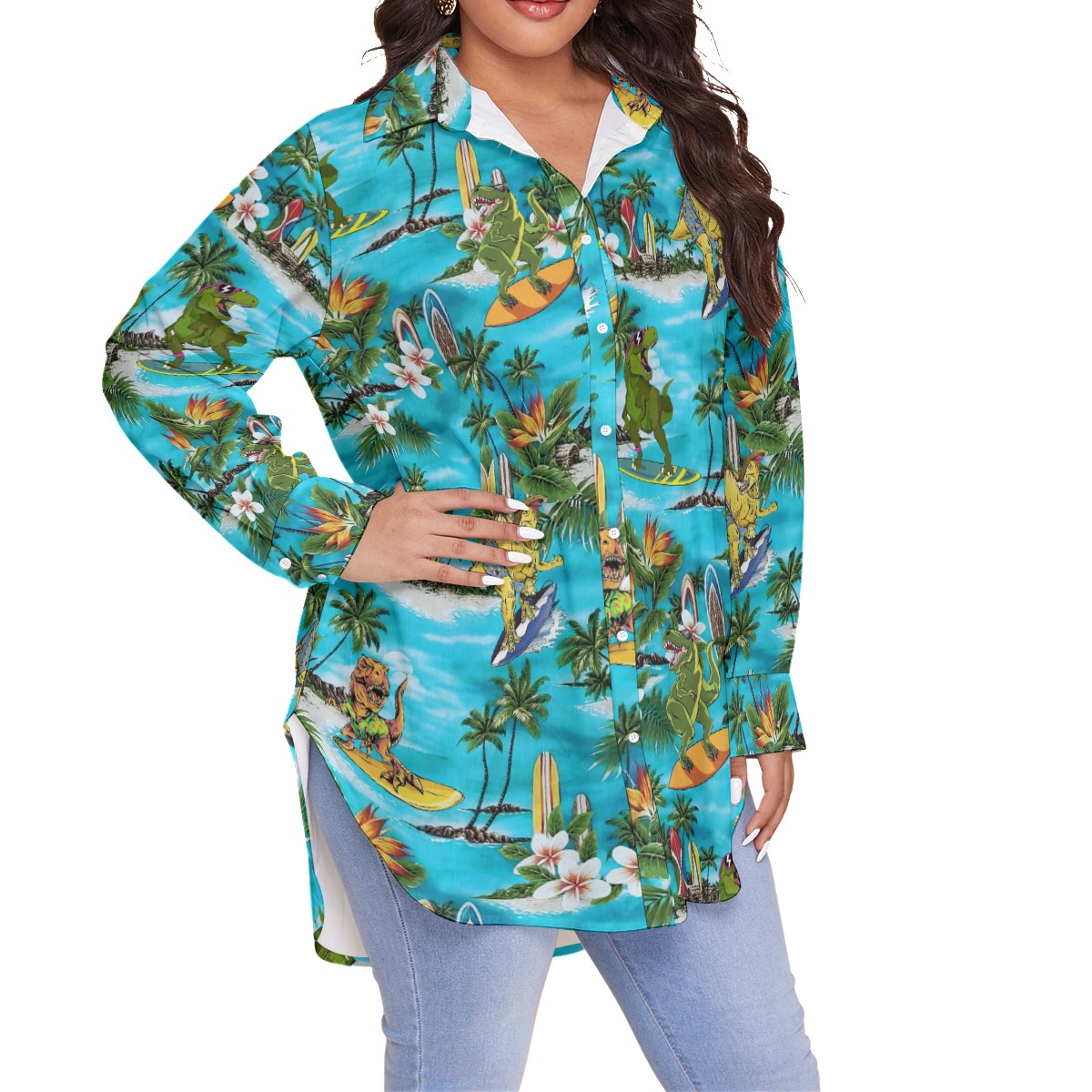 Funny Surfing Dinosaur Hawaiian Blouse Shirt For Women