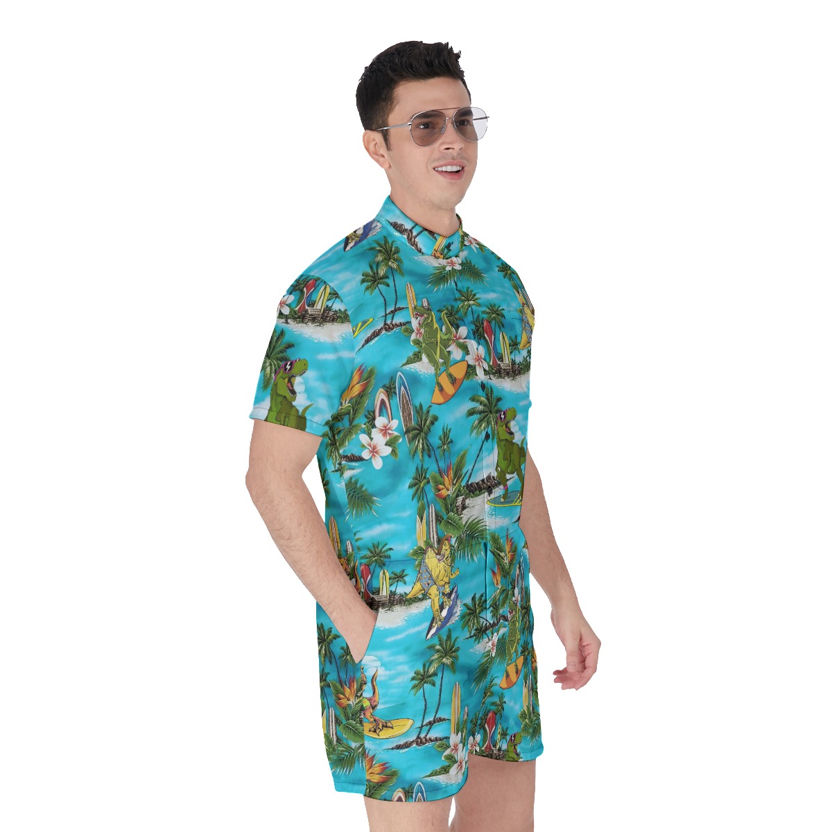 Funny Dinosaur Surfing Men's Hawaiian Romper For Summer